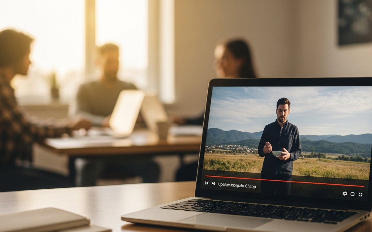 Frühlingshafte Bürolandschaft mit Laptop und Video