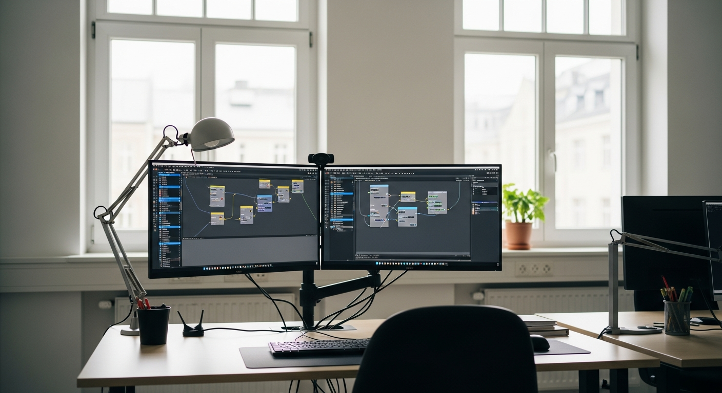 Modernes Büro in Leipzig mit Automatisierungs-Workflows auf dem Bildschirm im Sommerlicht