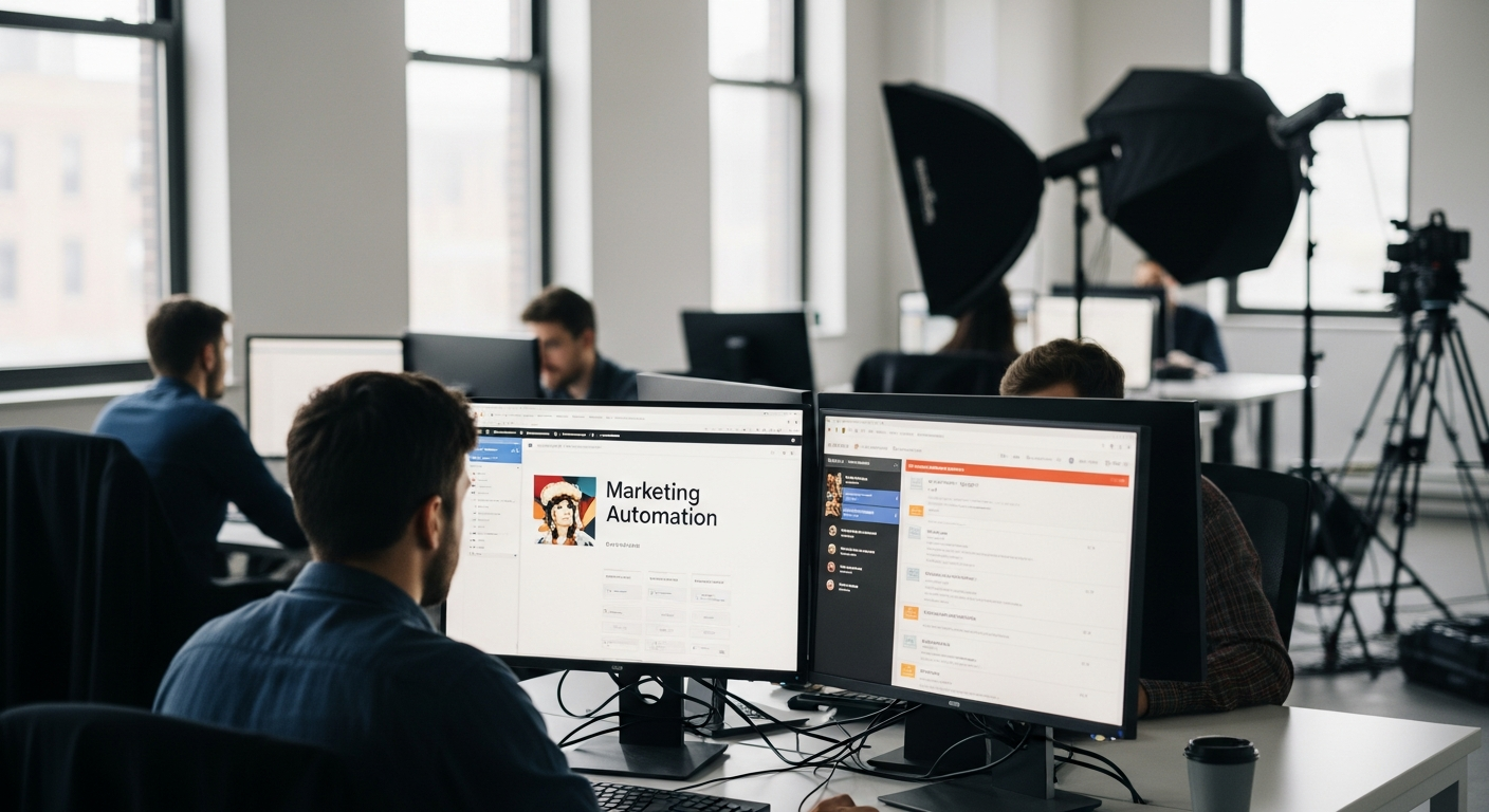 Büro mit Marketing-Automatisierung und Foto-/Videoausrüstung im Frühling