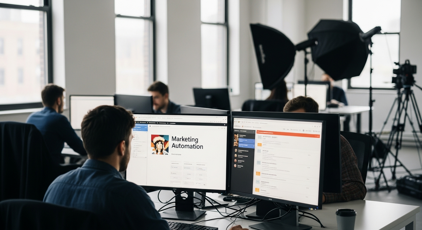 Büro mit Marketing-Automatisierung und Foto-/Videoausrüstung im Frühling