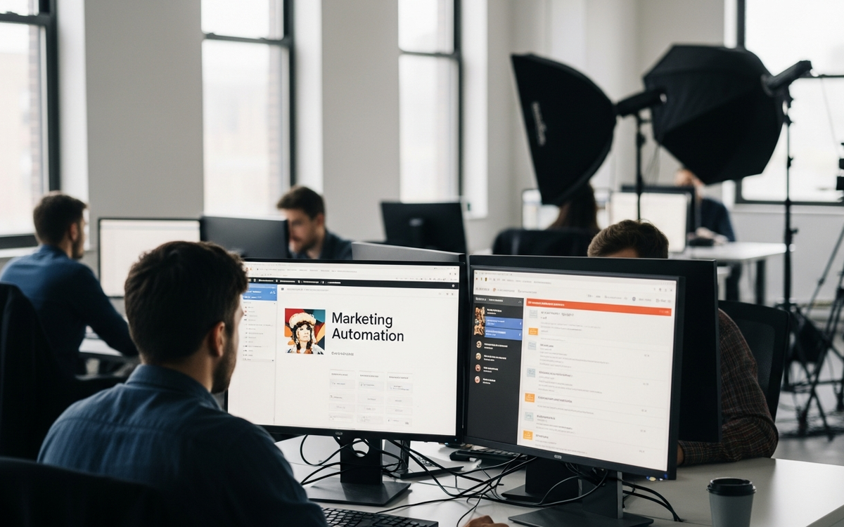 Büro mit Marketing-Automatisierung und Foto-/Videoausrüstung im Frühling