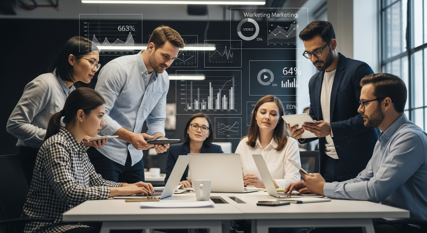 Team arbeitet an Video-Marketing-Strategie