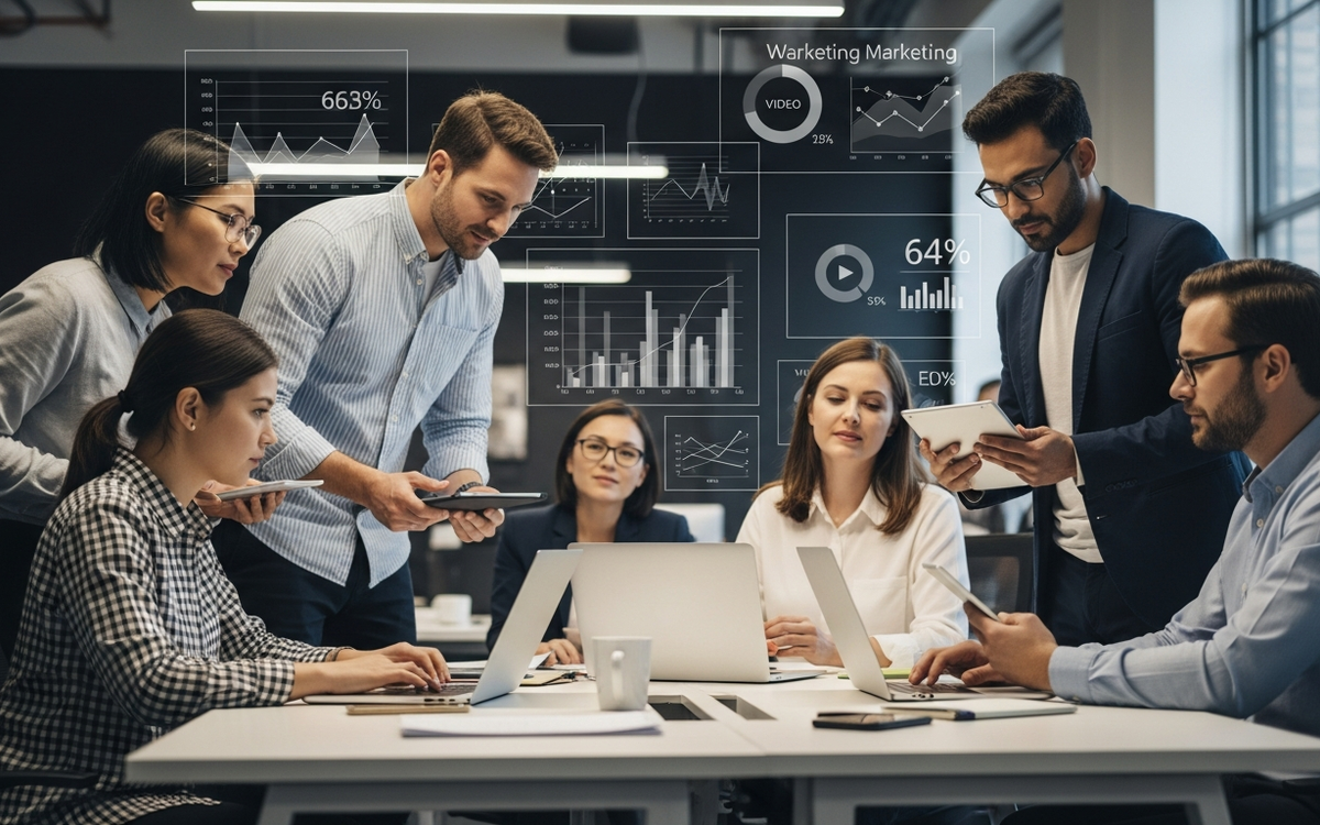 Team arbeitet an Video-Marketing-Strategie