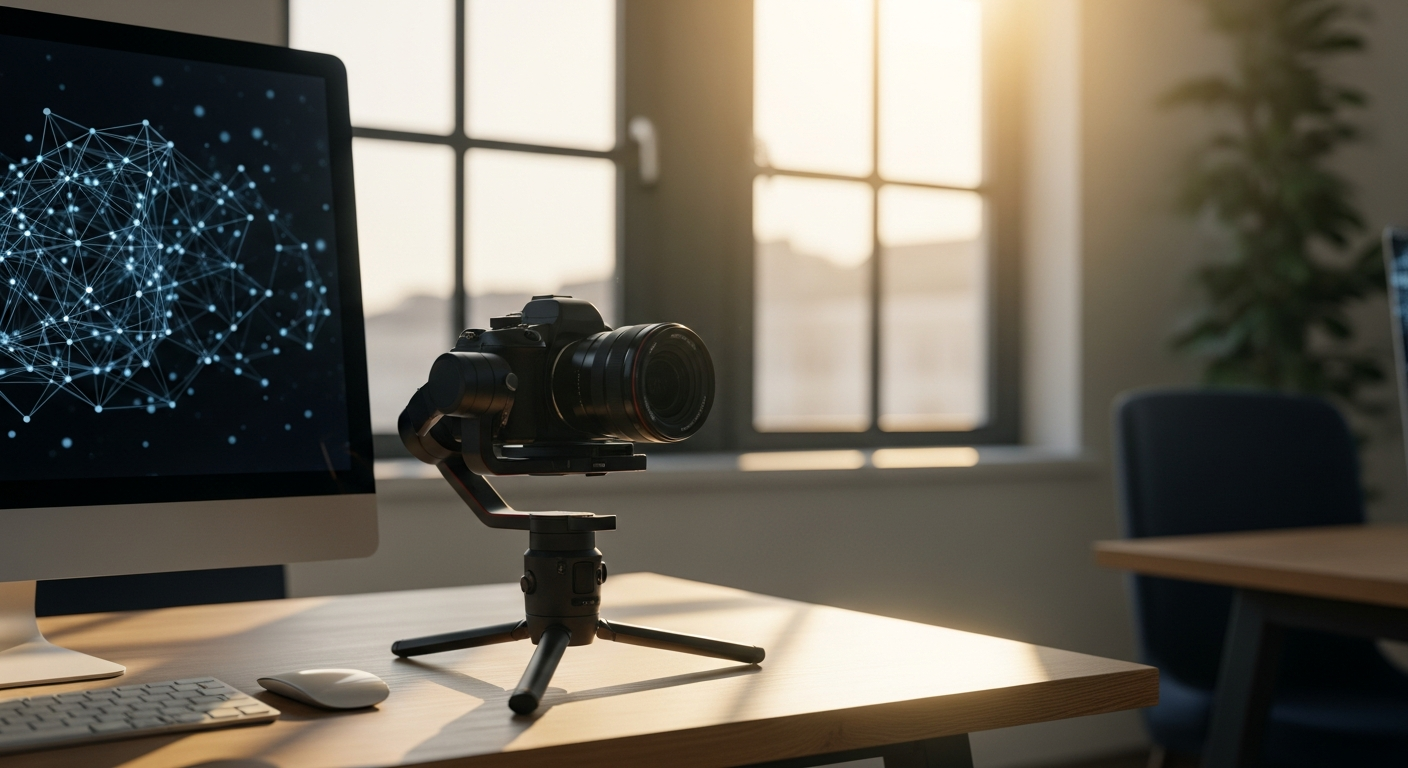 Modernes B2B-Büro im Sommer 2026 mit Kamera-Equipment und KI-Visualisierung auf dem Bildschirm