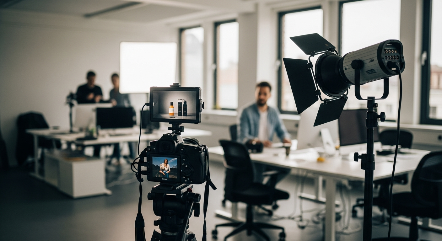 Kreatives Büro mit Kamera-Setup für B2B-Content