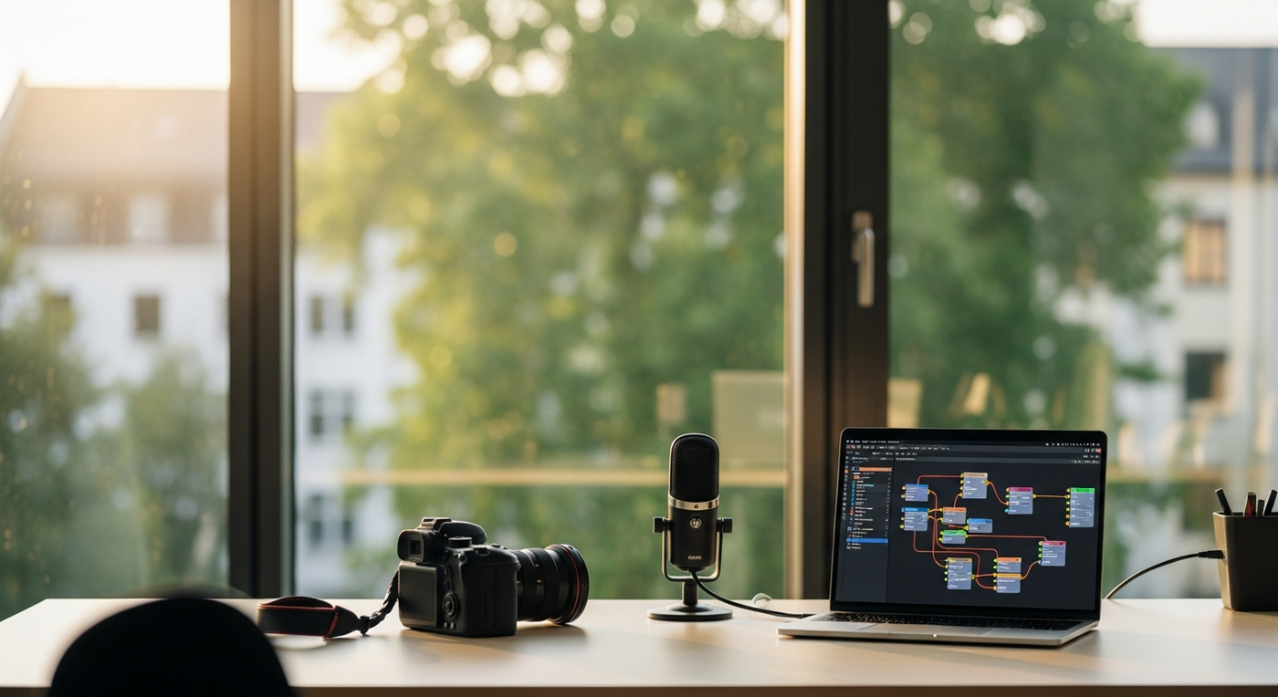 Automatisierte Content-Engine auf einem Laptop neben einer Kamera an einem sonnigen Sommertag im Büro