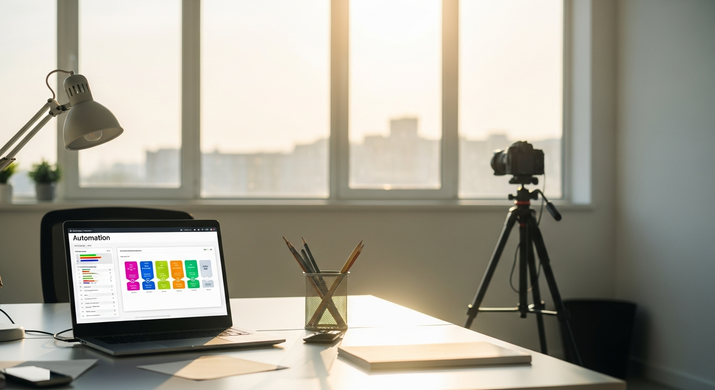Modernes Büro im Sommer mit Laptop und Automatisierungs-Workflow auf dem Bildschirm