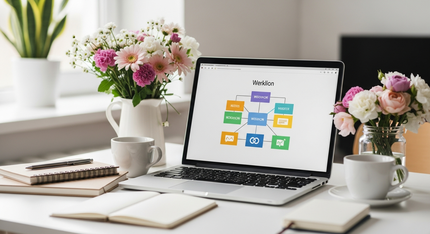 Buero mit Workflow-Diagramm im Fruehling