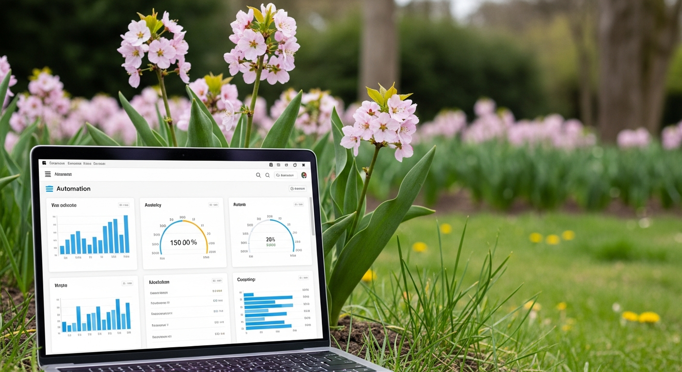 Frühlingsgarten mit Laptop und Automatisierungs-Dashboard