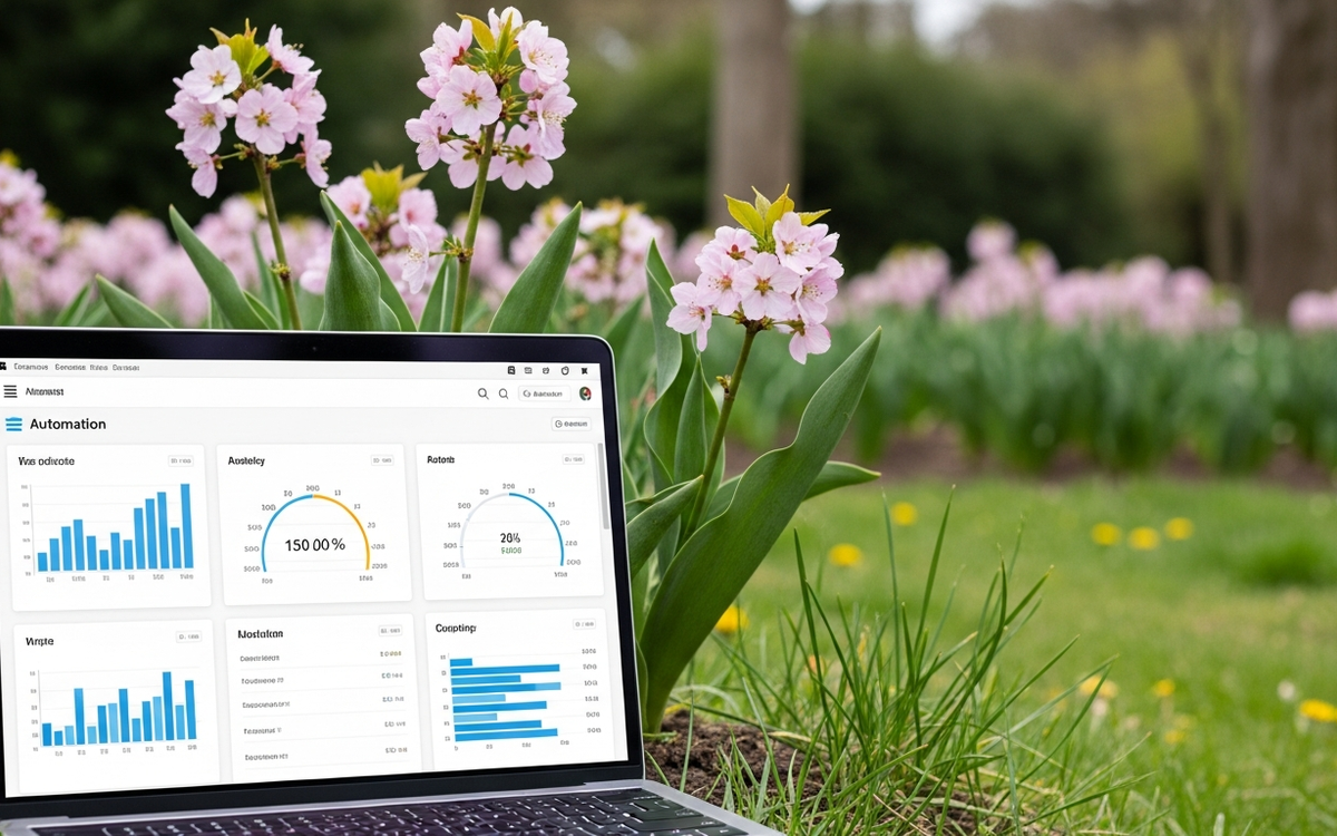 Frühlingsgarten mit Laptop und Automatisierungs-Dashboard