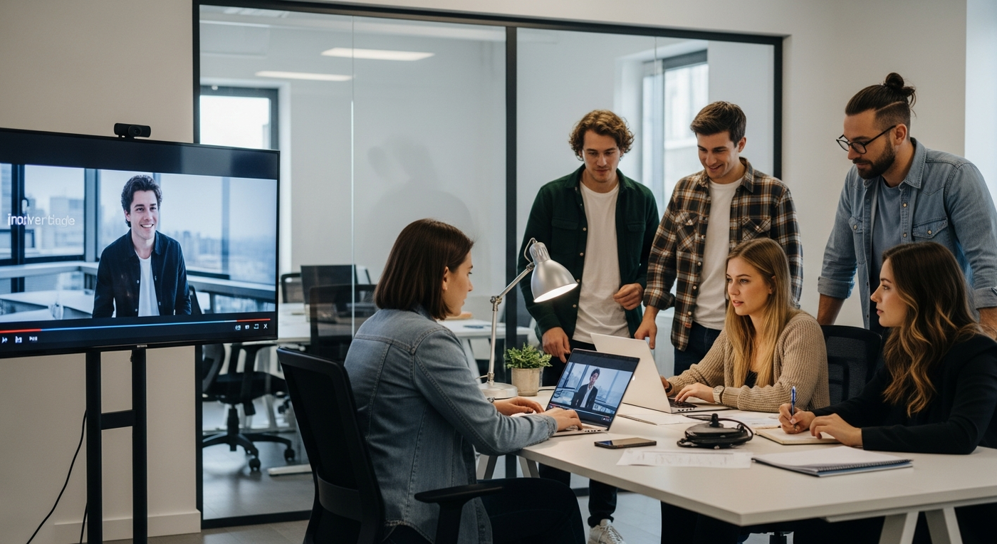Junges Team arbeitet an Video-Projekt im modernen Büro.
