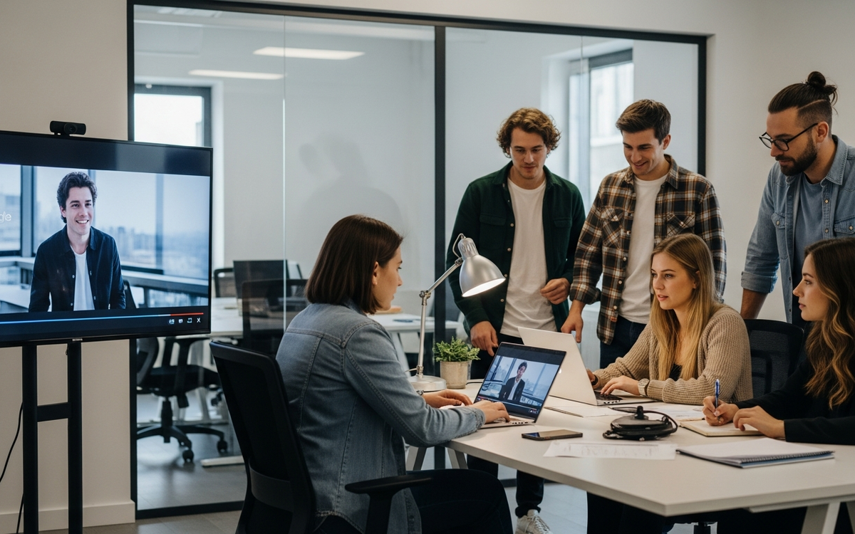 Junges Team arbeitet an Video-Projekt im modernen Büro.