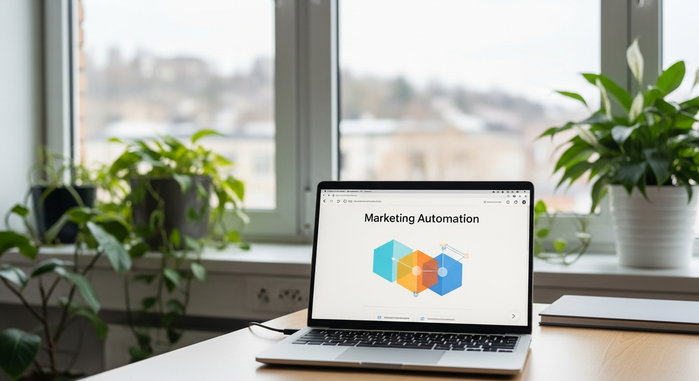 Büro mit Laptop und Marketing-Automatisierungs-Grafik im Frühling