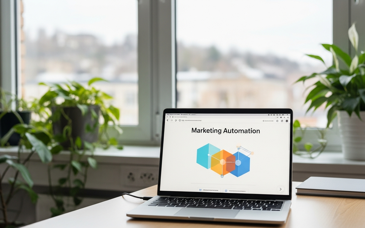 Büro mit Laptop und Marketing-Automatisierungs-Grafik im Frühling