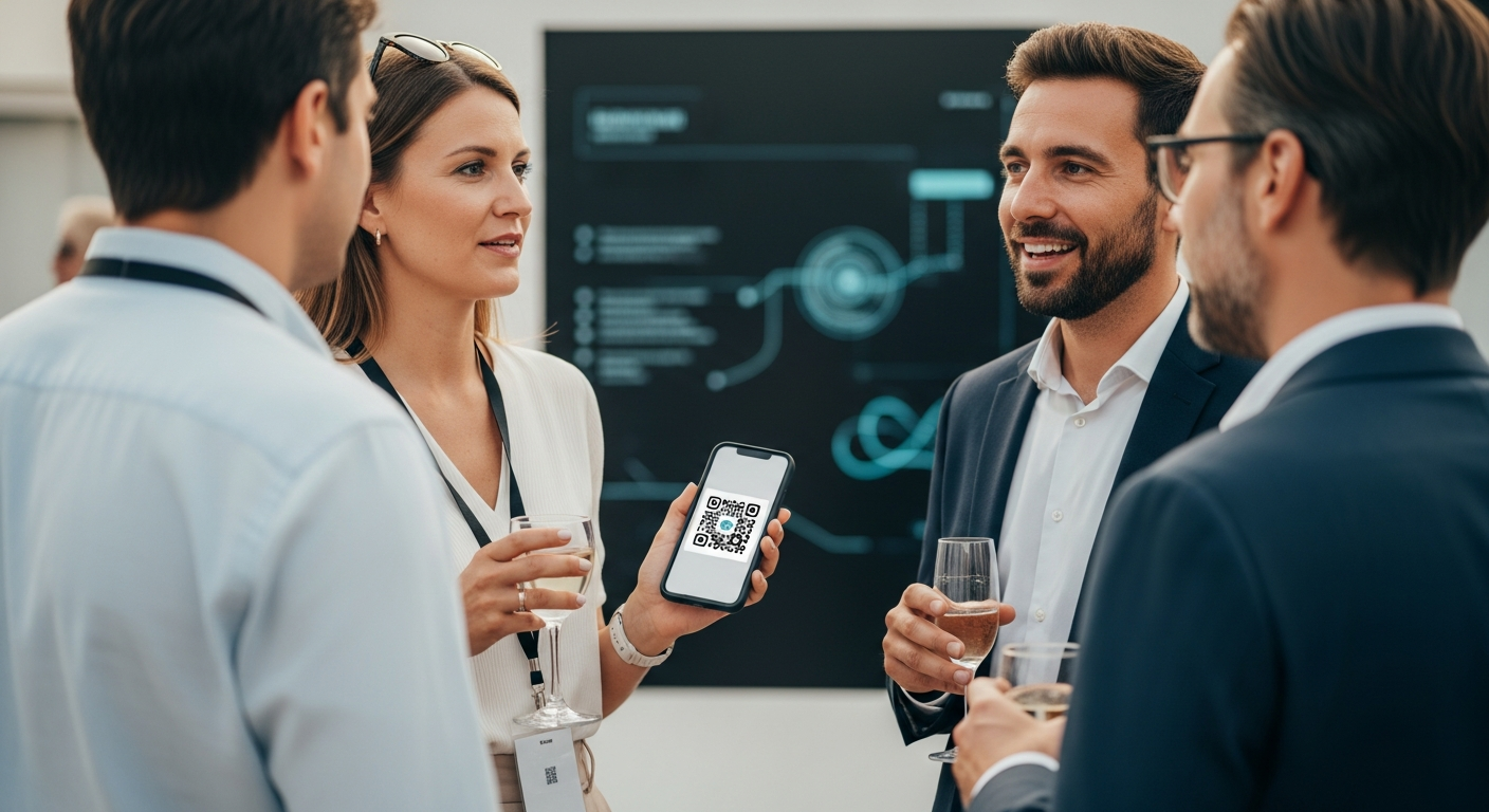 Professionelles B2B-Networking auf einem Sommer-Event mit Fokus auf digitale Kontakterfassung.