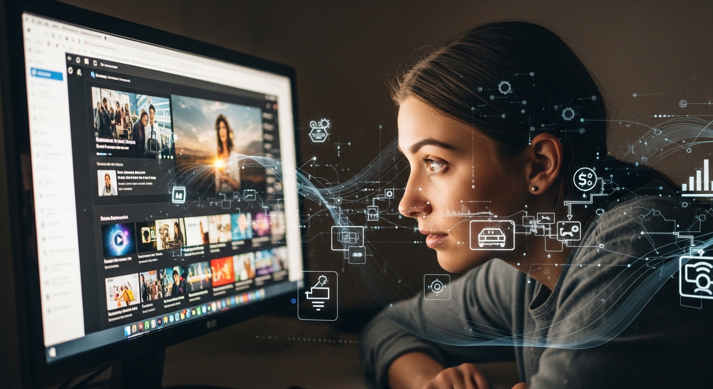 Person vor Bildschirm mit personalisiertem Content-Stream