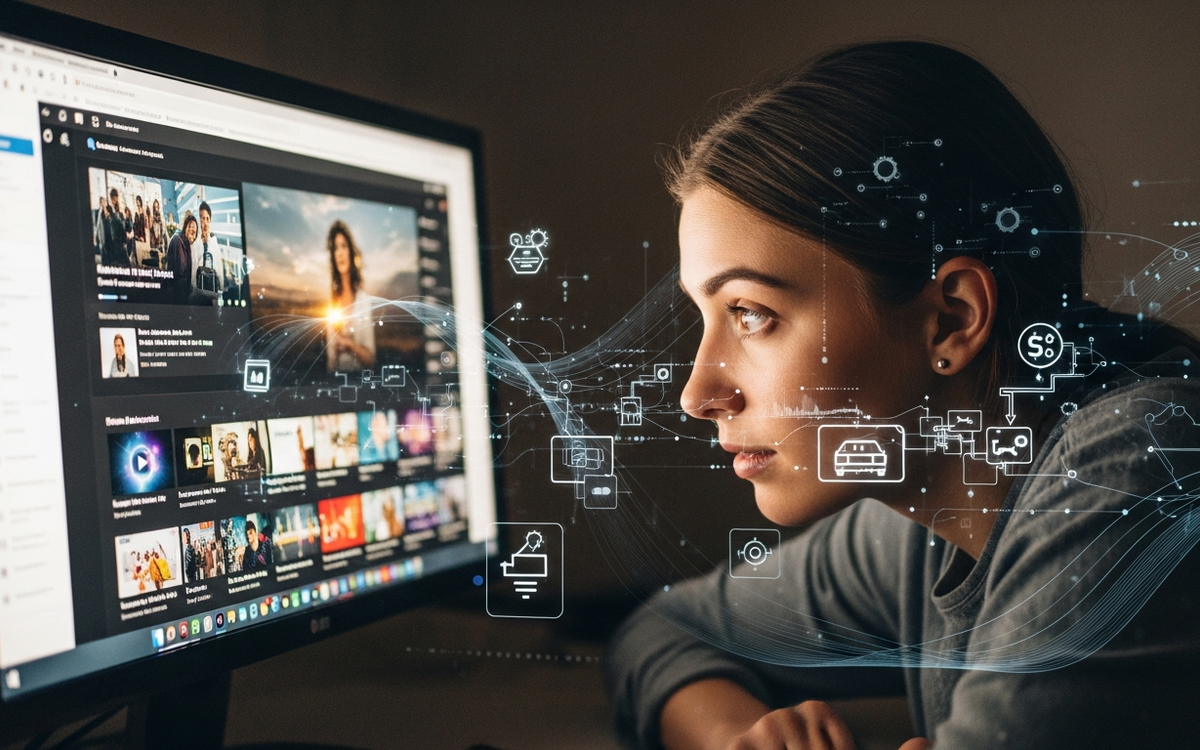 Person vor Bildschirm mit personalisiertem Content-Stream