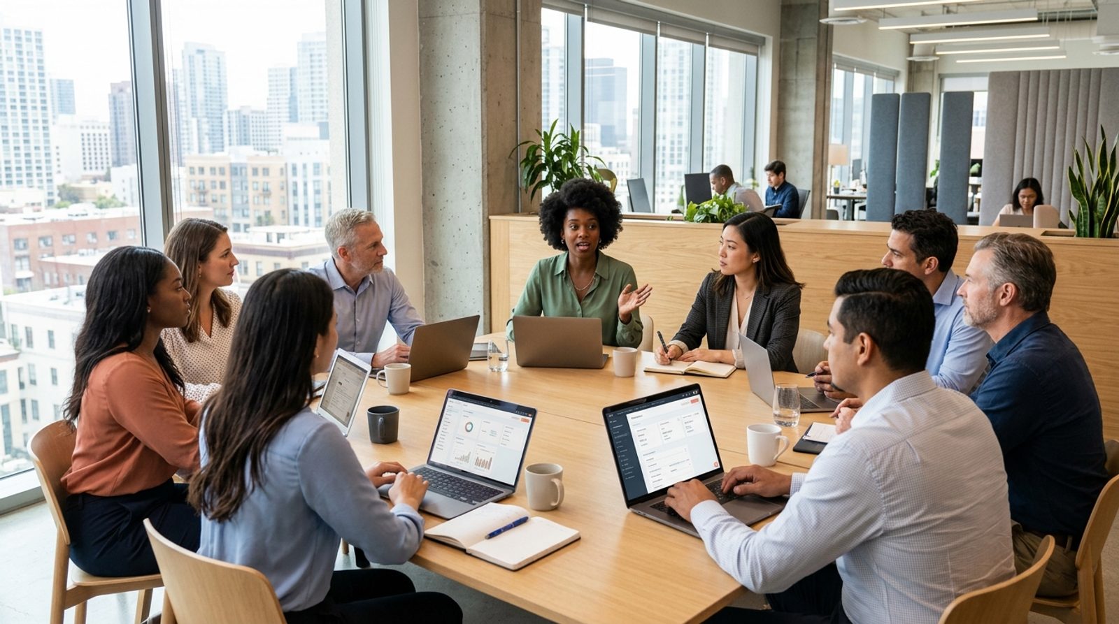 Ein Team in einer HubSpot Schulung arbeitet konzentriert an Laptops in einem modernen Büro.