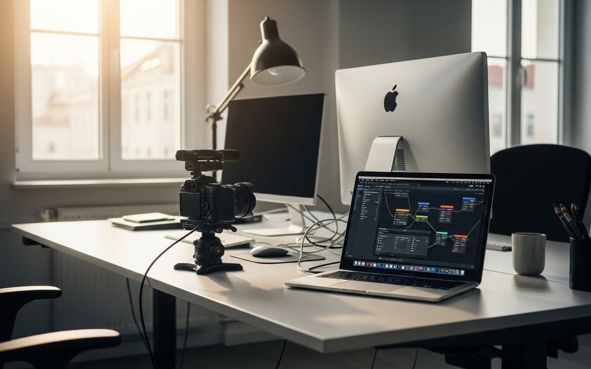 Modernes B2B-Büro mit Kamera-Equipment und Automatisierungs-Software auf dem Bildschirm im Sommer