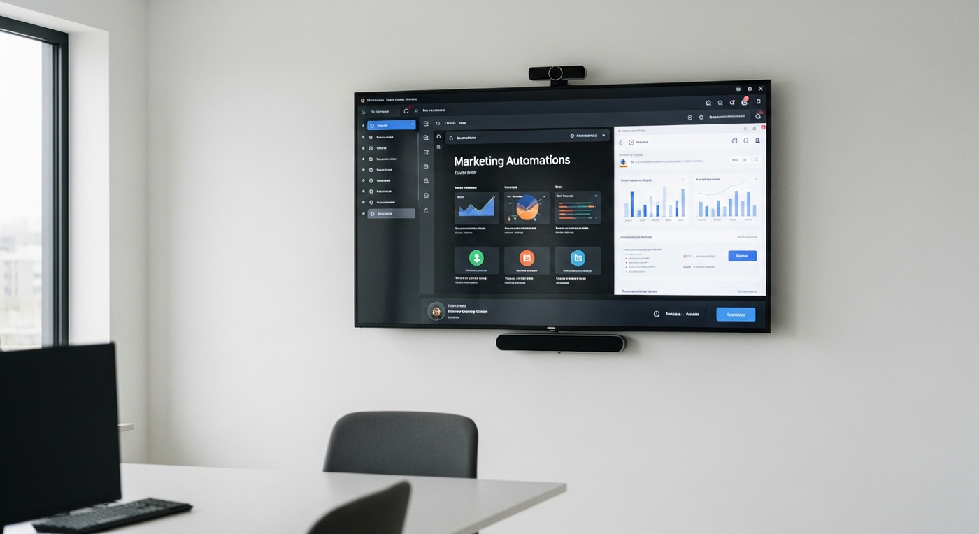 Büro mit Bildschirm und Marketing-Automatisierungs-Workflow