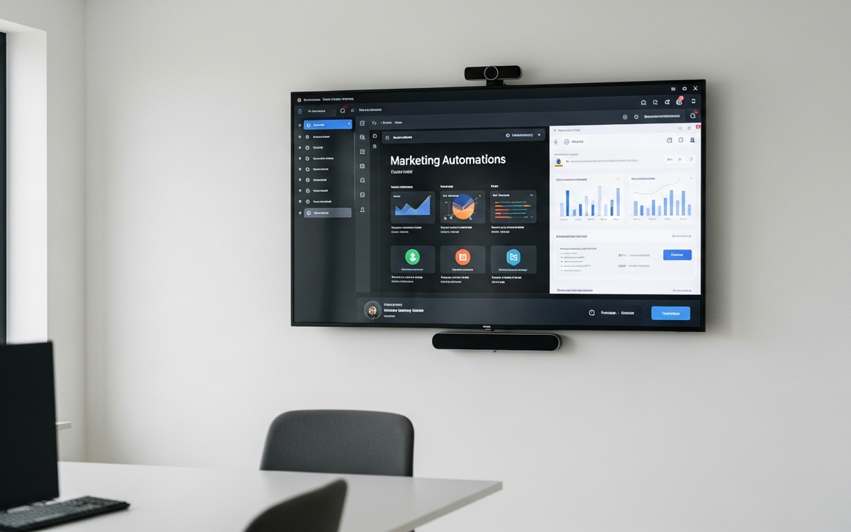Büro mit Bildschirm und Marketing-Automatisierungs-Workflow