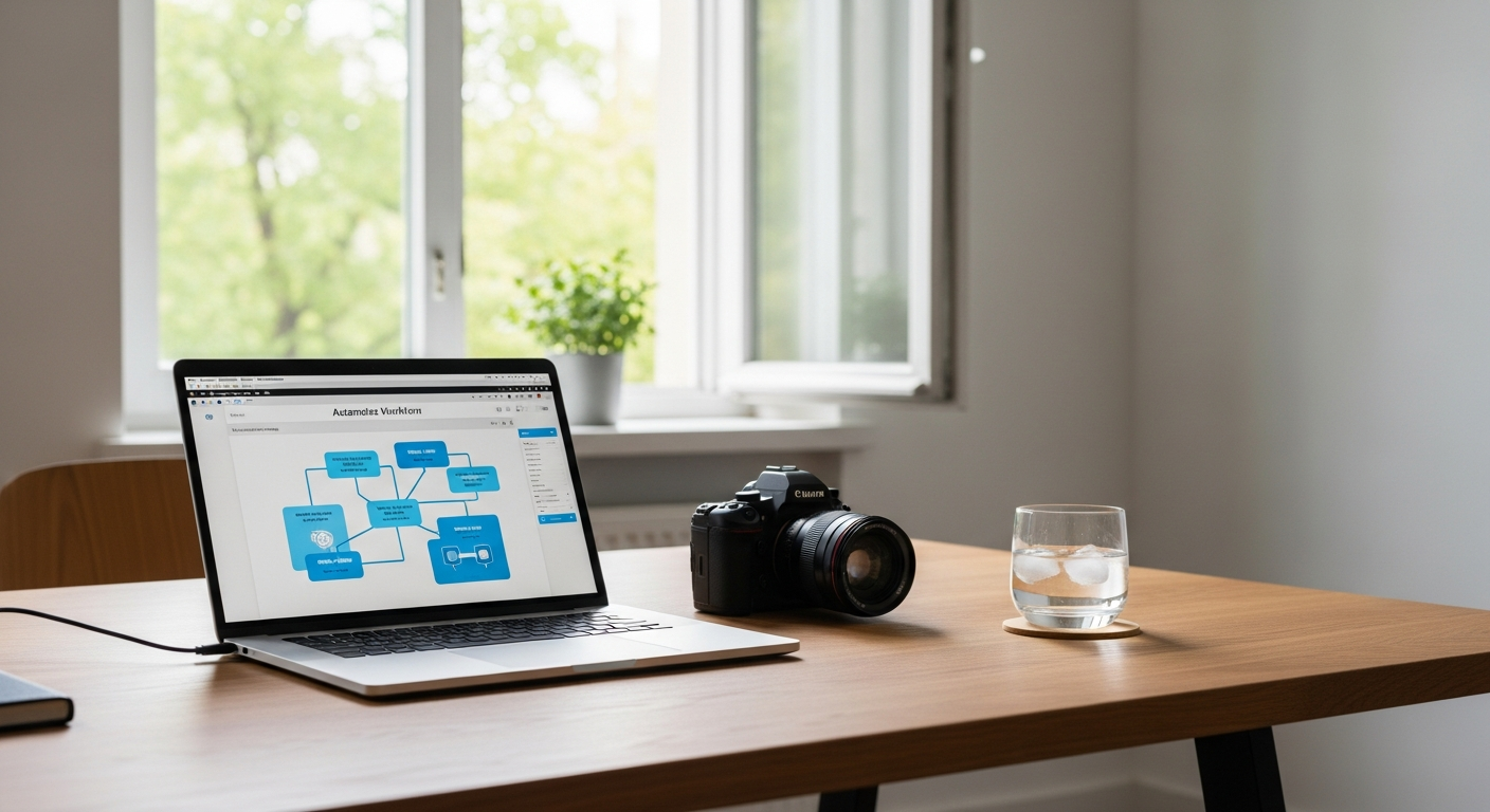 Ein moderner, lichtdurchfluteter Arbeitsplatz im Sommer mit Laptop, Kamera und automatisierten Marketing-Workflows auf d