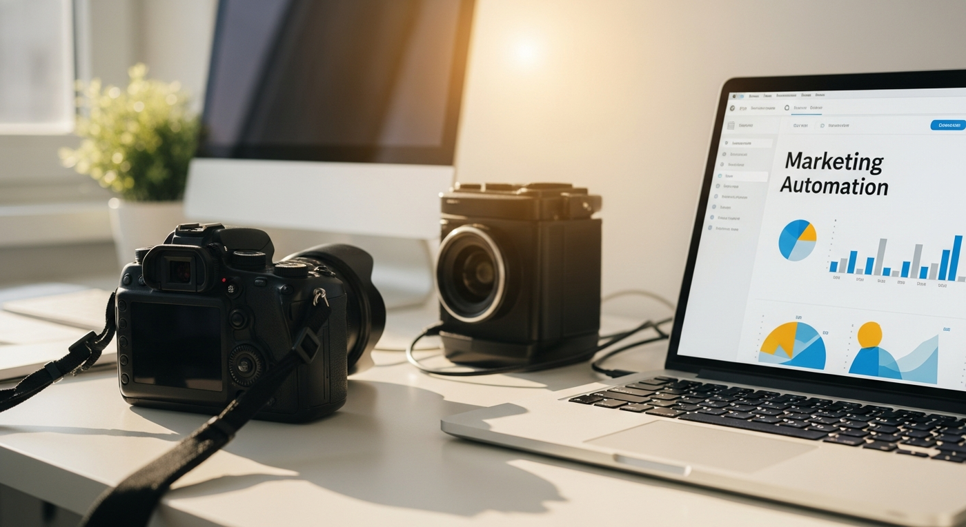 Arbeitsplatz mit Kamera, Video-Equipment und Laptop mit Marketing-Software im Fruehlingslicht.