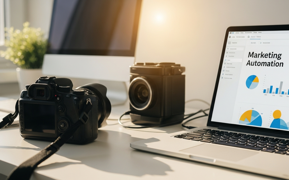 Arbeitsplatz mit Kamera, Video-Equipment und Laptop mit Marketing-Software im Fruehlingslicht.