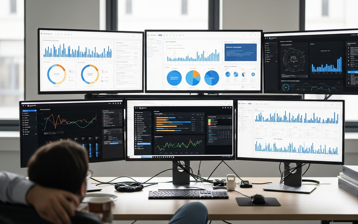 Büro mit Monitoren, die B2B-Marketing-Automatisierung darstellen.