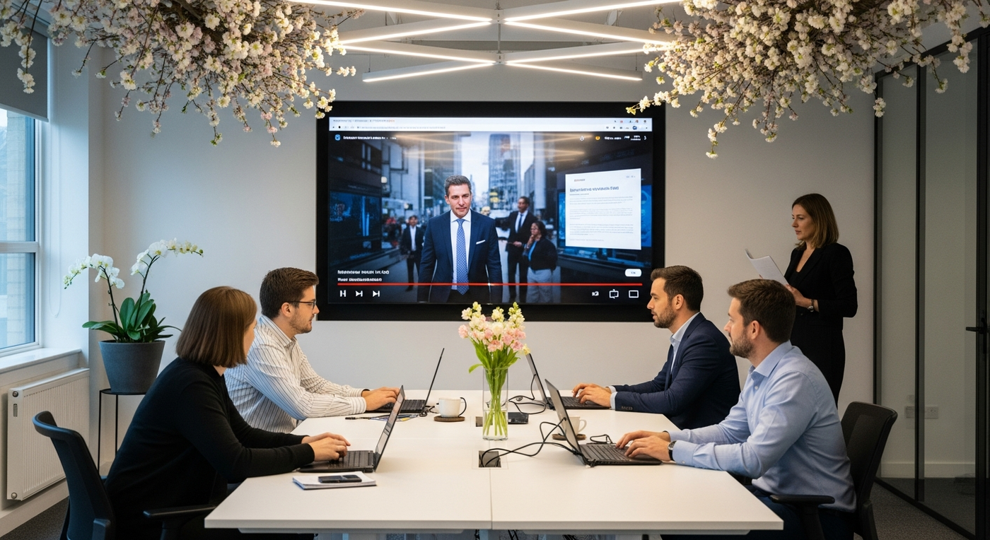 Büroszene mit Videopräsentation und Frühlingsdekoration