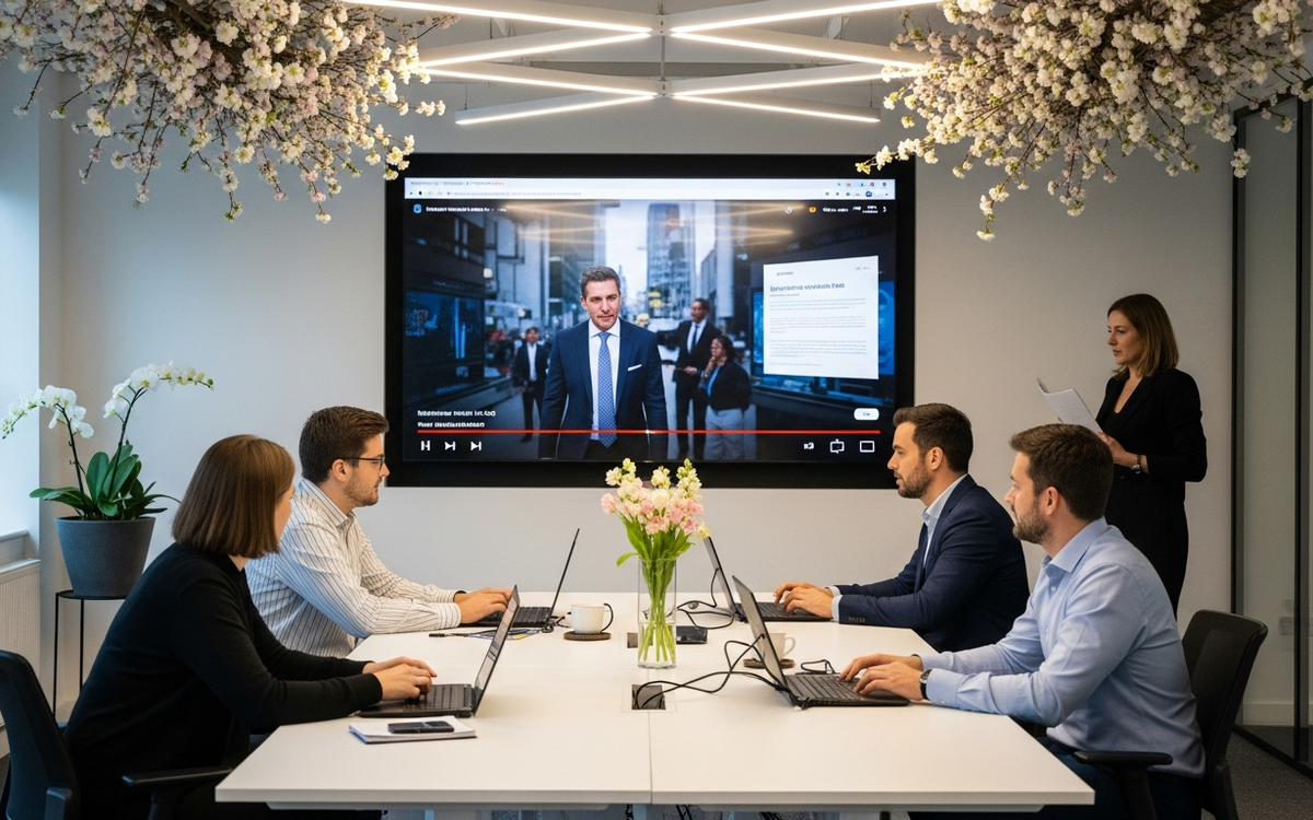 Büroszene mit Videopräsentation und Frühlingsdekoration