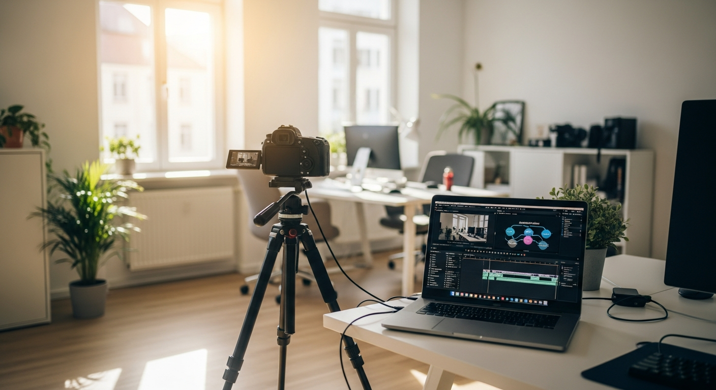 Modernes B2B-Studio mit professioneller Kamera und automatisierten Workflows im Sommerlicht