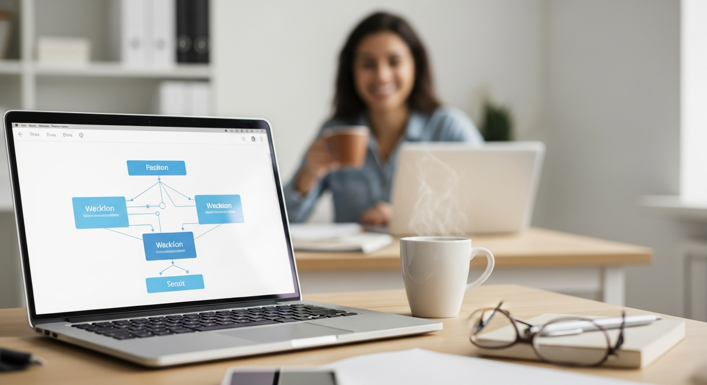 Buero mit Laptop und Workflow-Diagramm im Fruehling