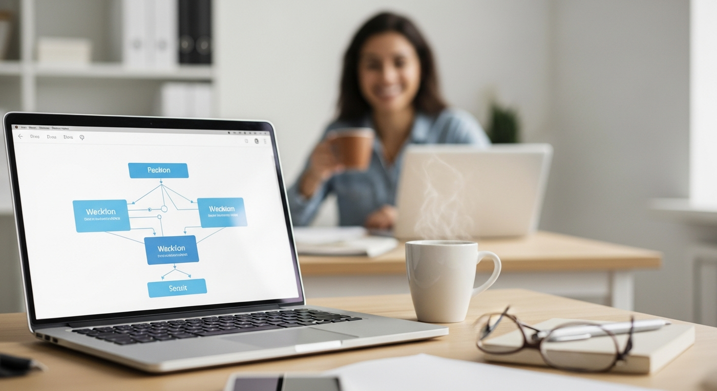 Buero mit Laptop und Workflow-Diagramm im Fruehling