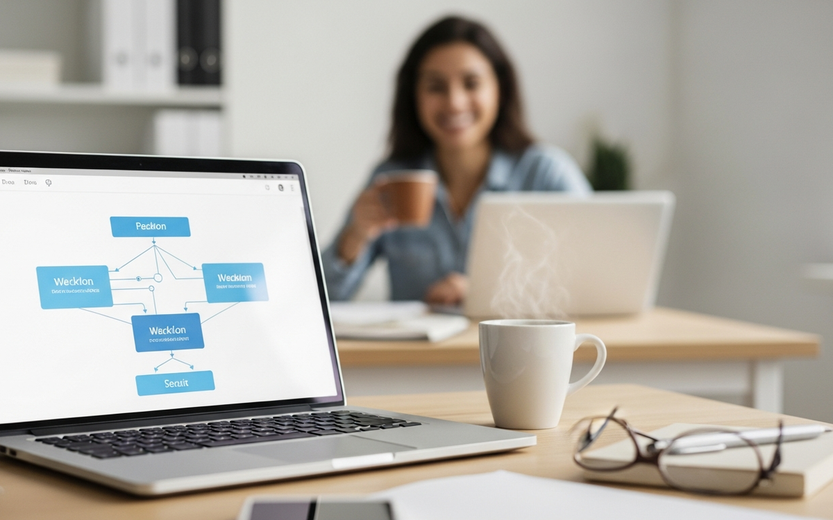 Buero mit Laptop und Workflow-Diagramm im Fruehling