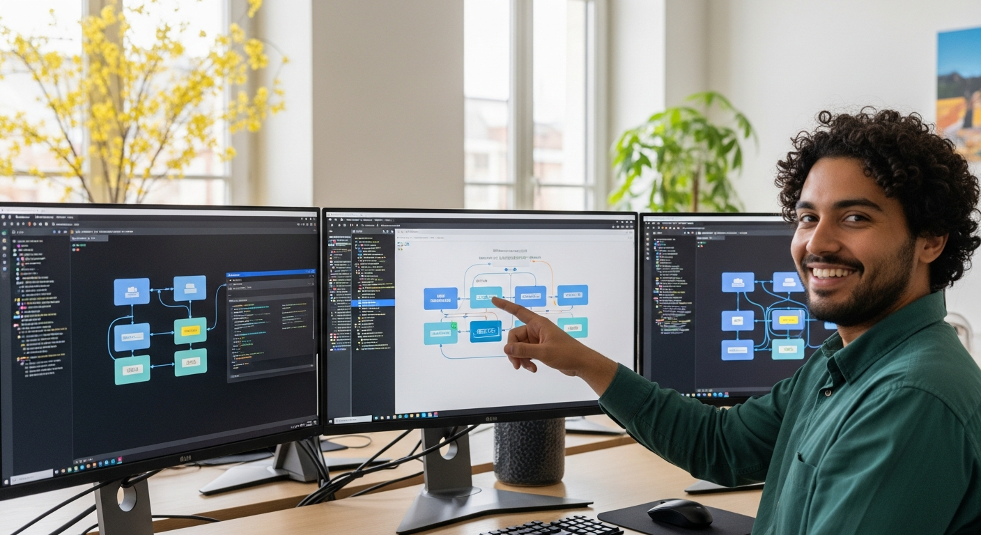Büro mit Workflow-Diagrammen und lächelnder Person