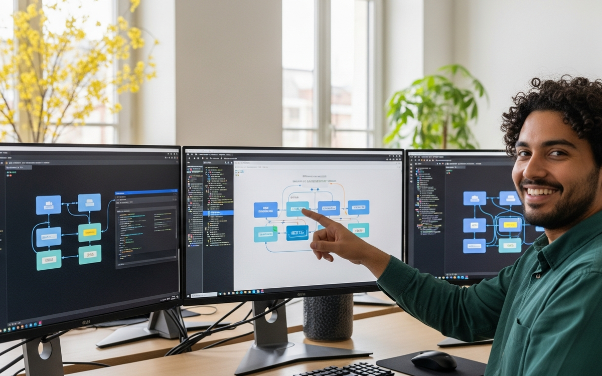 Büro mit Workflow-Diagrammen und lächelnder Person
