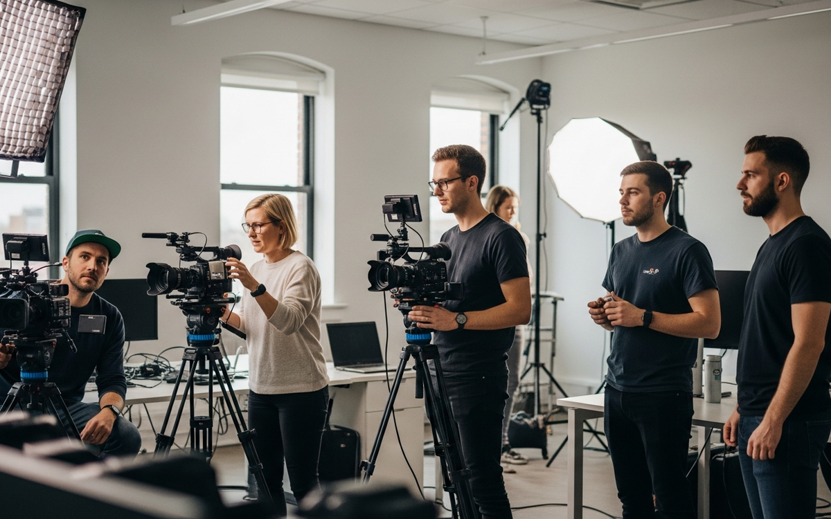 Kreatives Team arbeitet an einem Video-Projekt im modernen Büro.