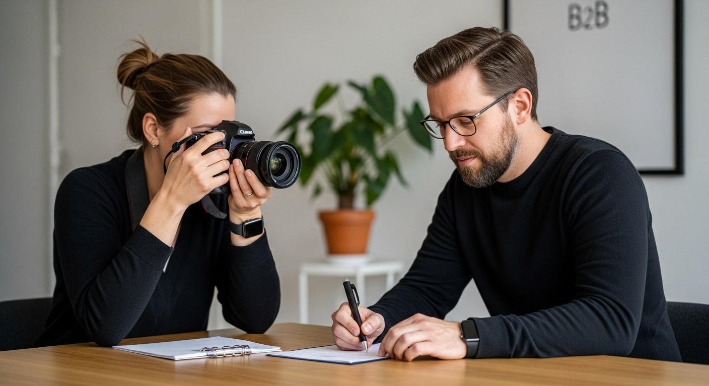 Zusammenarbeit von Fotograf und B2B-Dienstleister für authentisches Marketing