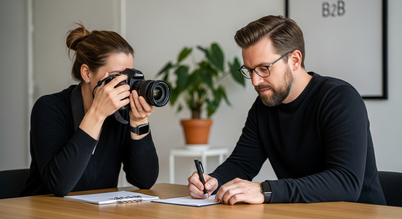Zusammenarbeit von Fotograf und B2B-Dienstleister für authentisches Marketing