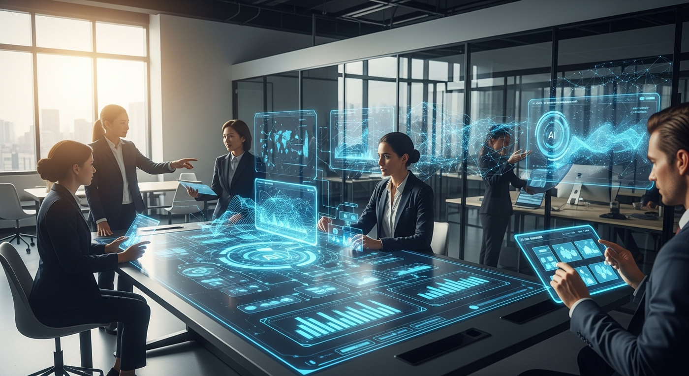 Futuristisches Büro mit Hologrammen zur Marketing-Automatisierung