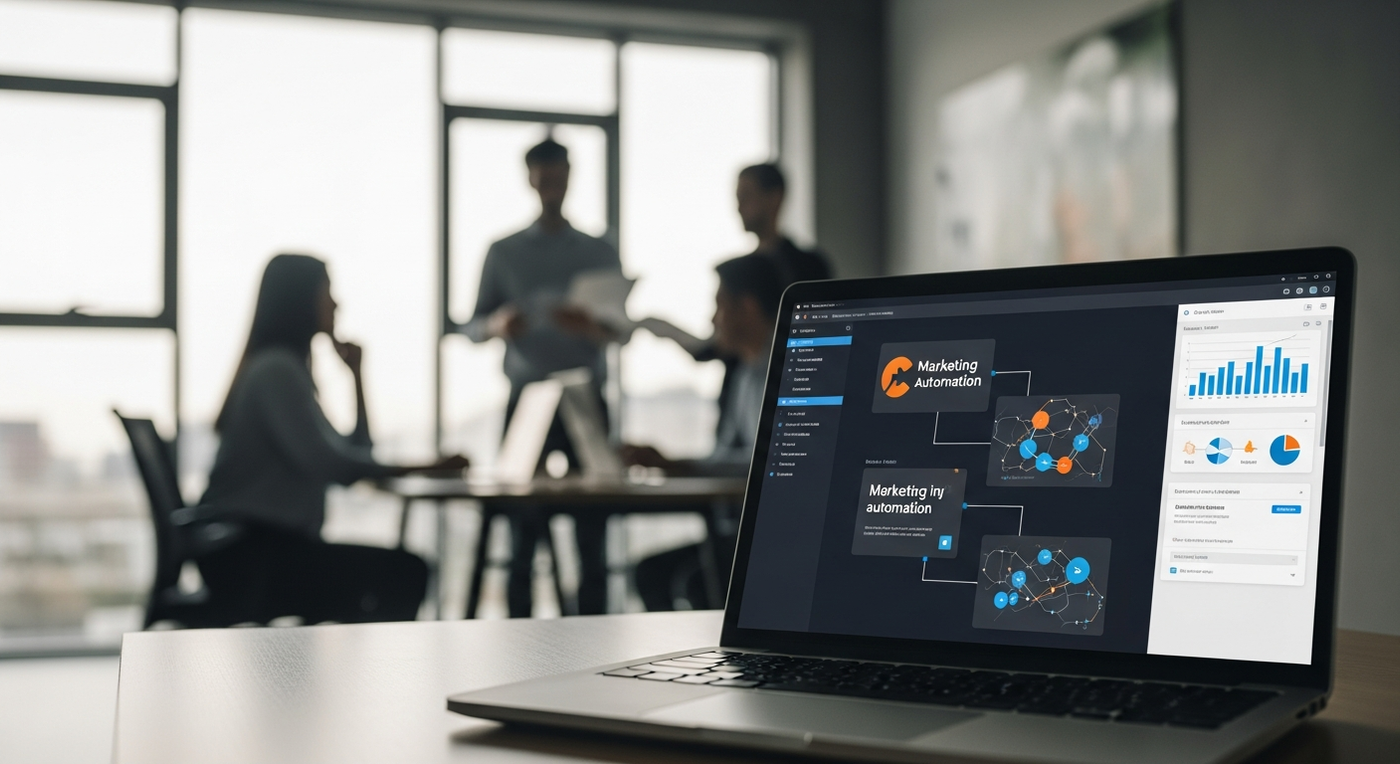 Frühlingsmorgen im Büro mit Laptop und Marketing-Automatisierungssoftware