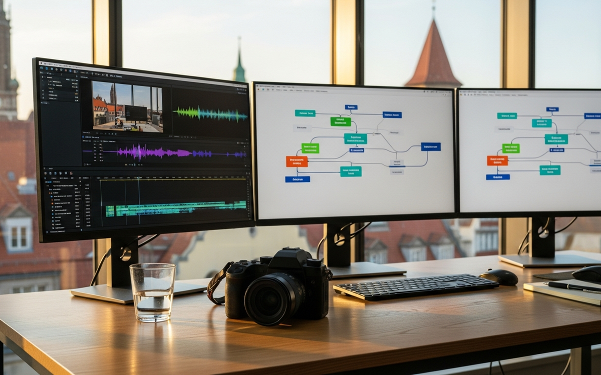 Professionelles B2B Foto- und Video-Equipment in einem modernen Leipziger Büro im Sommer 2026