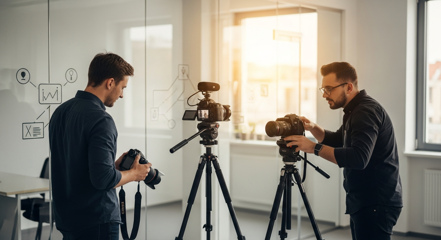 Professionelles Foto- und Video-Produktions-Setup in einem modernen B2B-Büro im Sommer