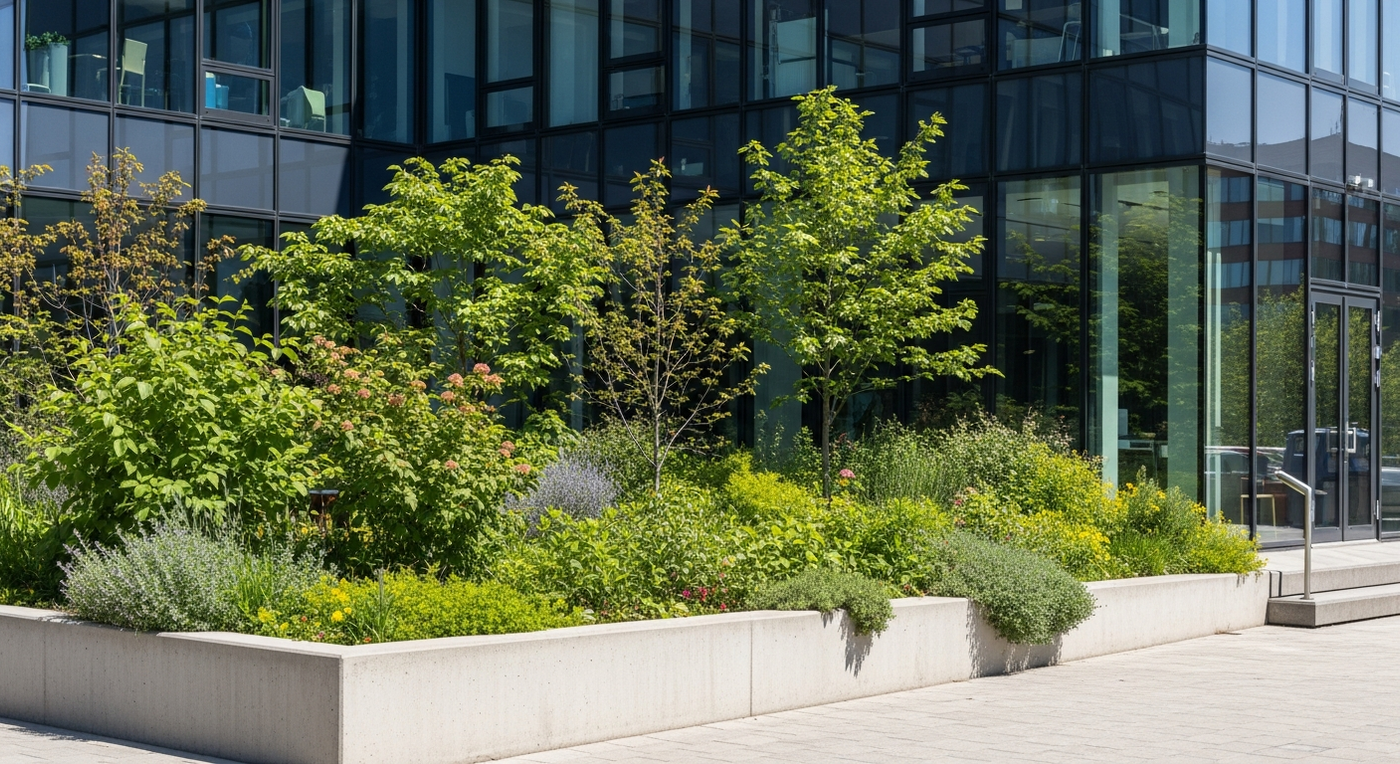 Modernes Bürogebäude im Frühlingslicht