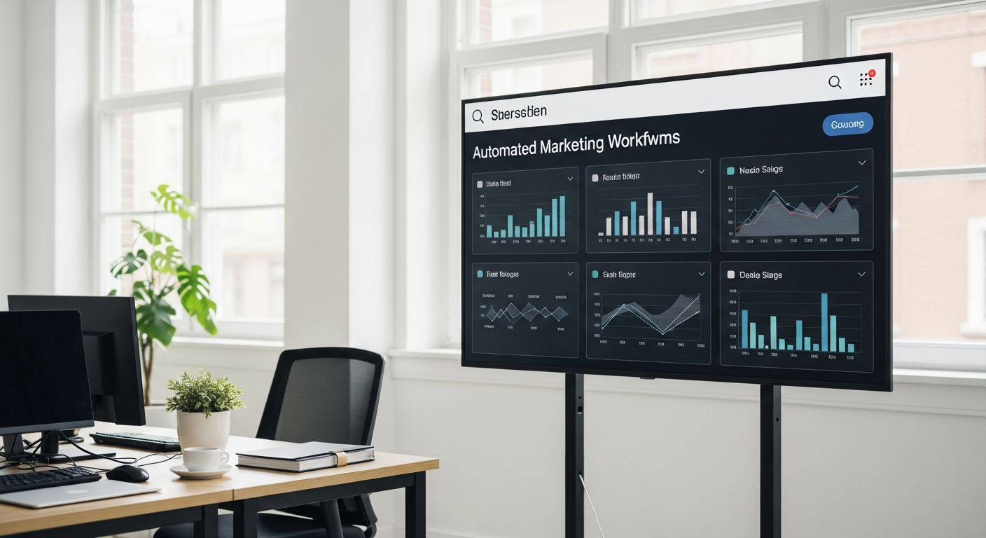 Modernes Büro mit digitaler Anzeige von Marketing-Automatisierungsworkflows