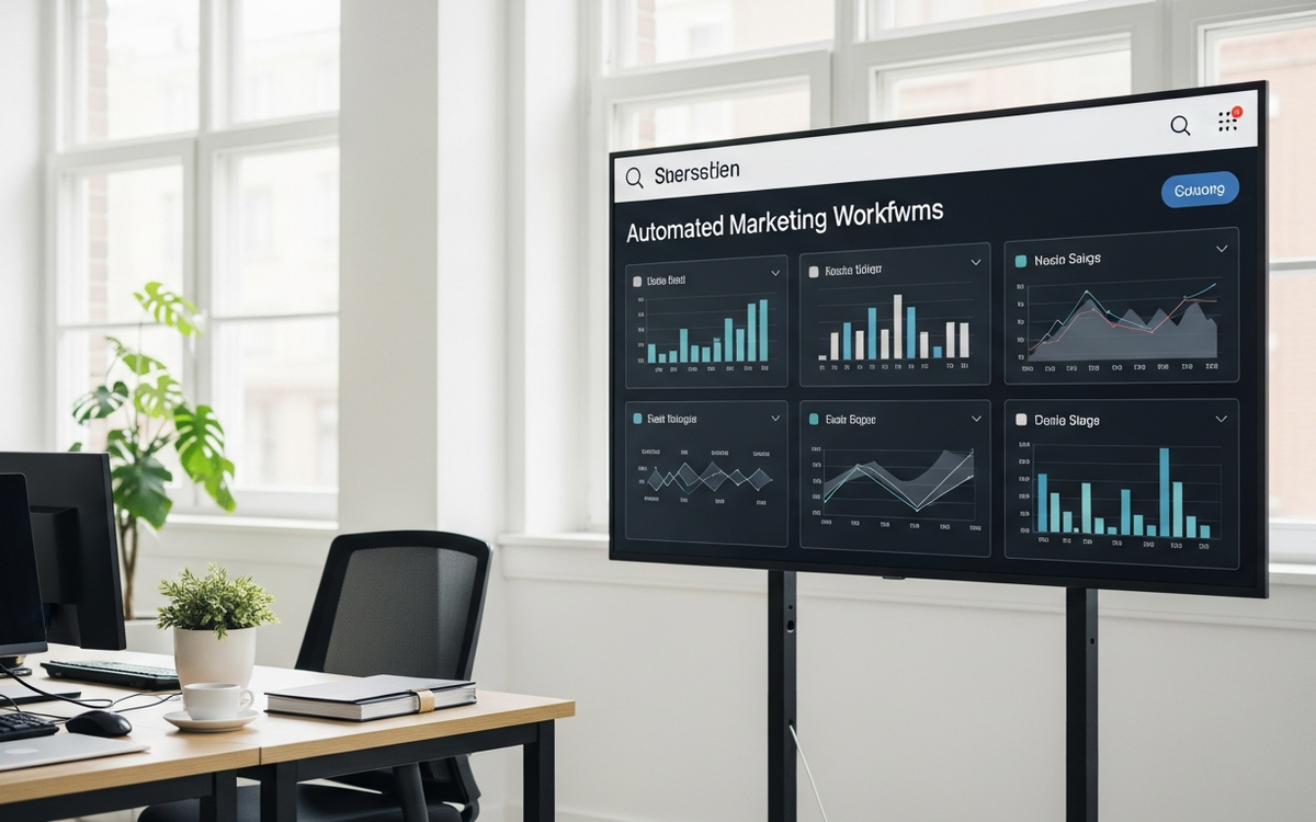 Modernes Büro mit digitaler Anzeige von Marketing-Automatisierungsworkflows