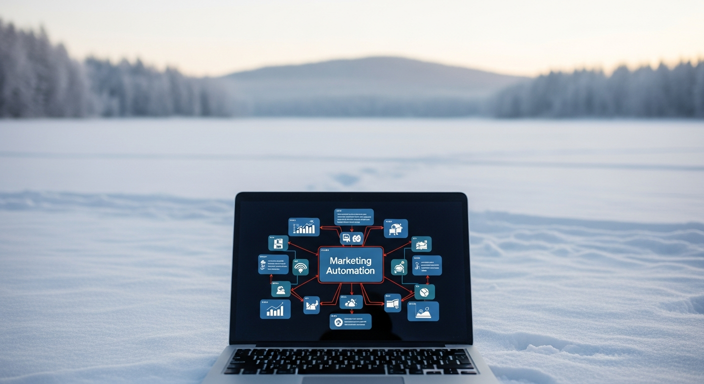 Laptop in verschneiter Landschaft zeigt Marketing-Automatisierungsdiagramm