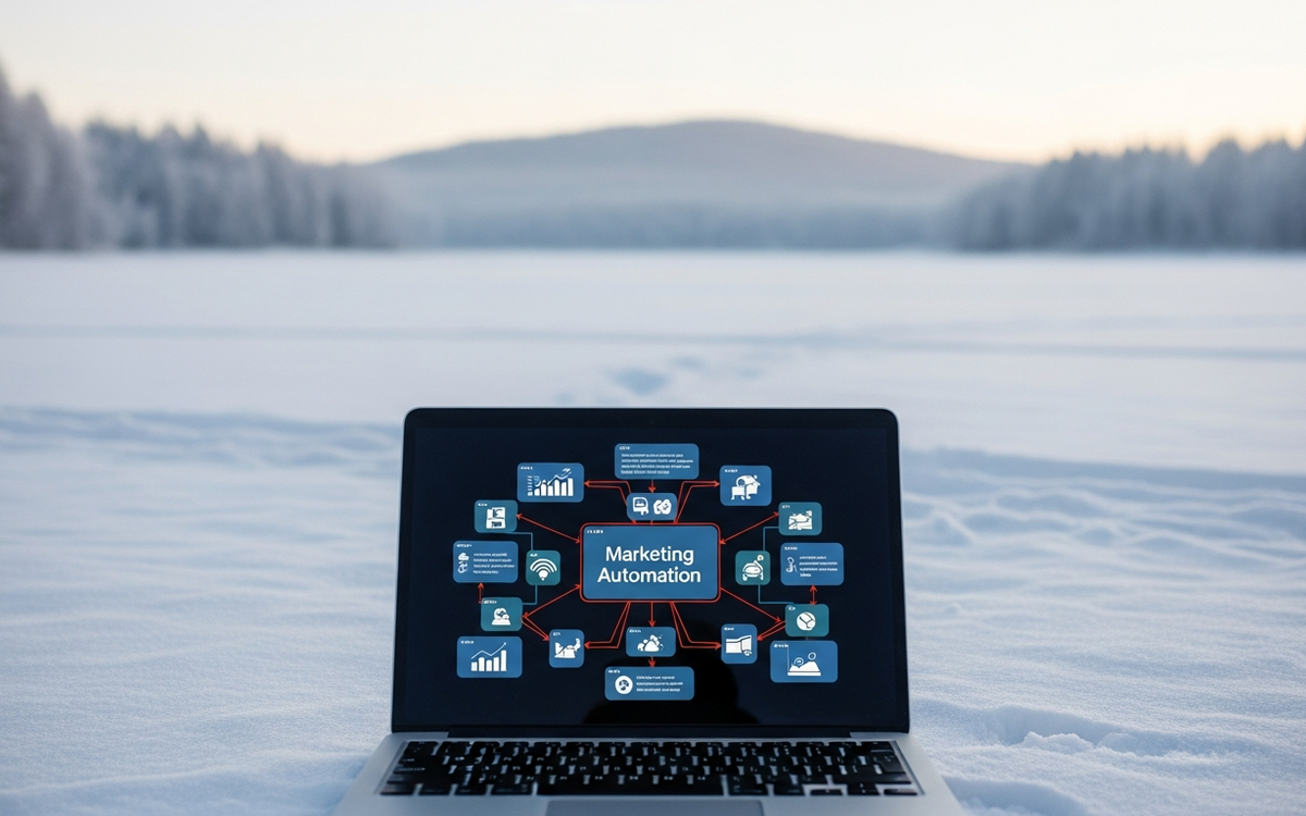 Laptop in verschneiter Landschaft zeigt Marketing-Automatisierungsdiagramm