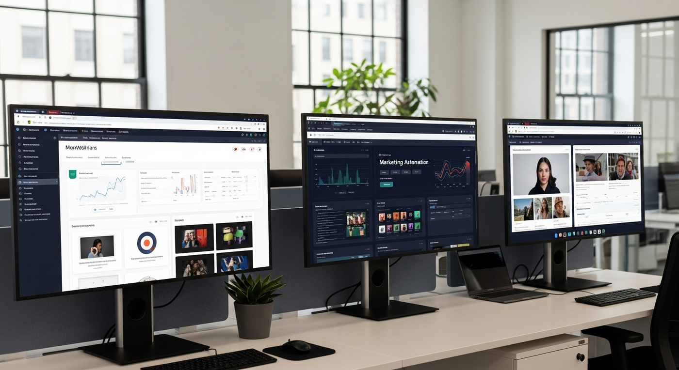 Büro mit Bildschirmen, die Marketing-Automatisierung zeigen